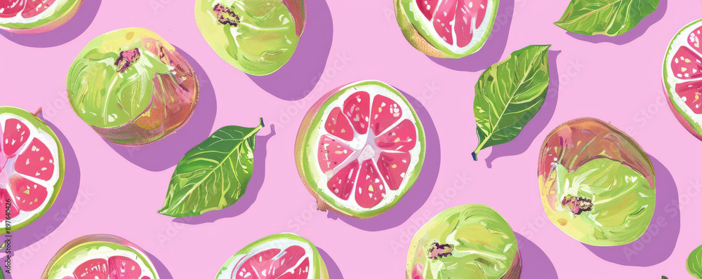 Seamless pattern featuring guava slices for background, perfect for a vibrant and exotic design. Seamless pattern featuring guava slices for background, perfect for a vibrant and exotic design.