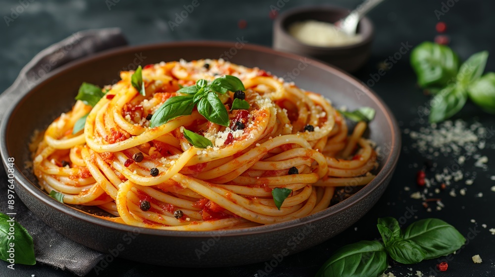 Classic Italian Spaghetti with Tomato Sauce and Basil, Ideal for Food Blogs and Italian Cuisine Promotion Classic Italian Spaghetti with Tomato Sauce and Basil, Ideal for Food Blogs and Italian Cuisine Promotion