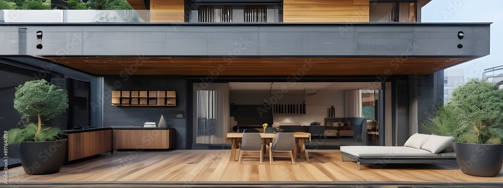 A modern house with a wooden deck and flooring, blending nature and architecture seamlessly A modern house with a wooden deck and flooring, blending nature and architecture seamlessly