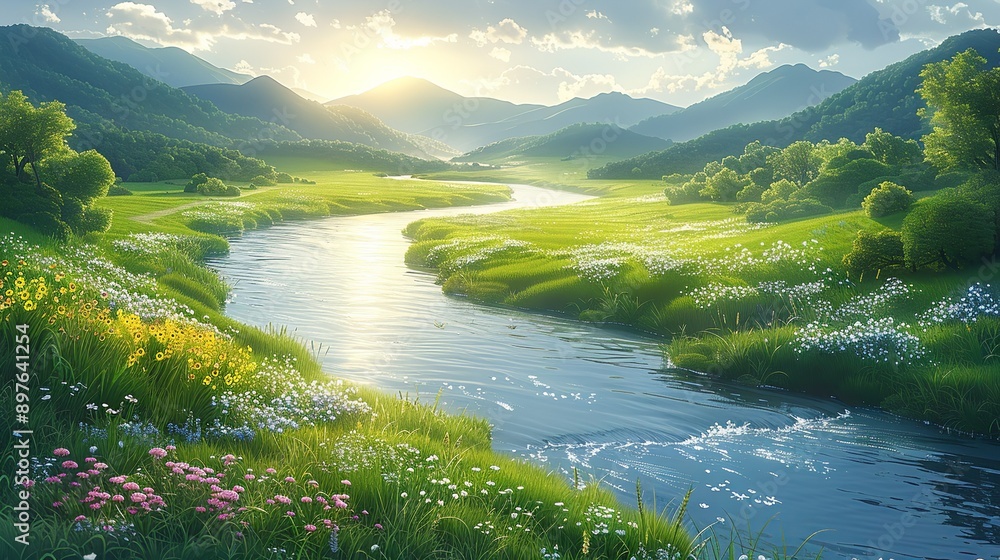 Fototapeta premium A picturesque river winding its way through a lush, verdant valley, with vibrant wildflowers blooming along its banks and the landscape bathed in the warm, golden light of the sun Watercolor style,