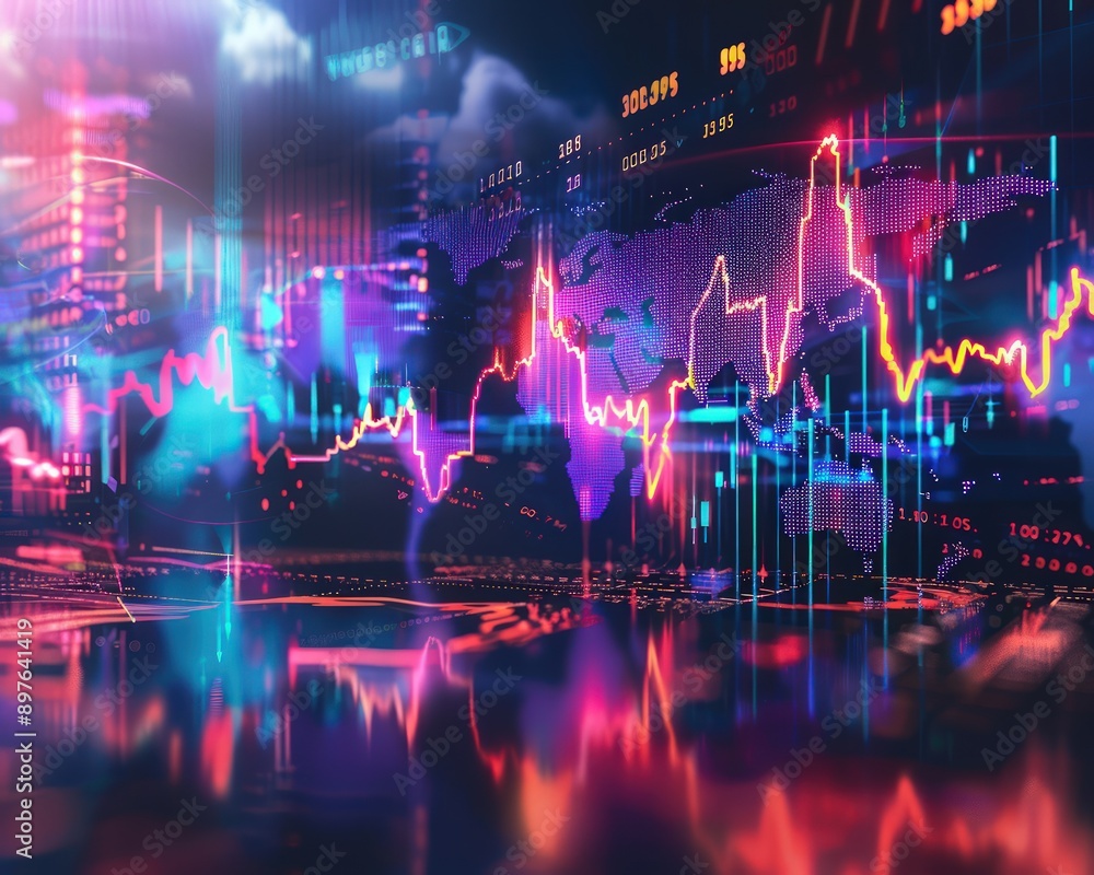 Vibrant lightning effects symbolizing worldwide stock market trends on a futuristic background. Vibrant lightning effects symbolizing worldwide stock market trends on a futuristic background.
