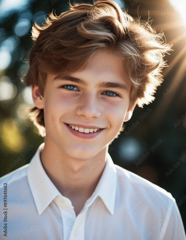 Portrait of young Caucasian teenage boy with brown tousled hair and blue eyes, white teeth, smiling warmly at the camera. He is wearing a crisp white shirt and is standing outdoors. AI generated Portrait of young Caucasian teenage boy with brown tousled hair and blue eyes, white teeth, smiling warmly at the camera. He is wearing a crisp white shirt and is standing outdoors. AI generated