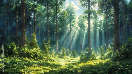 A sunlit forest glade, with rays of light streaming through the tall, majestic pine trees, illuminating the vibrant green undergrowth and creating a tranquil, serene atmosphere Watercolor style, high