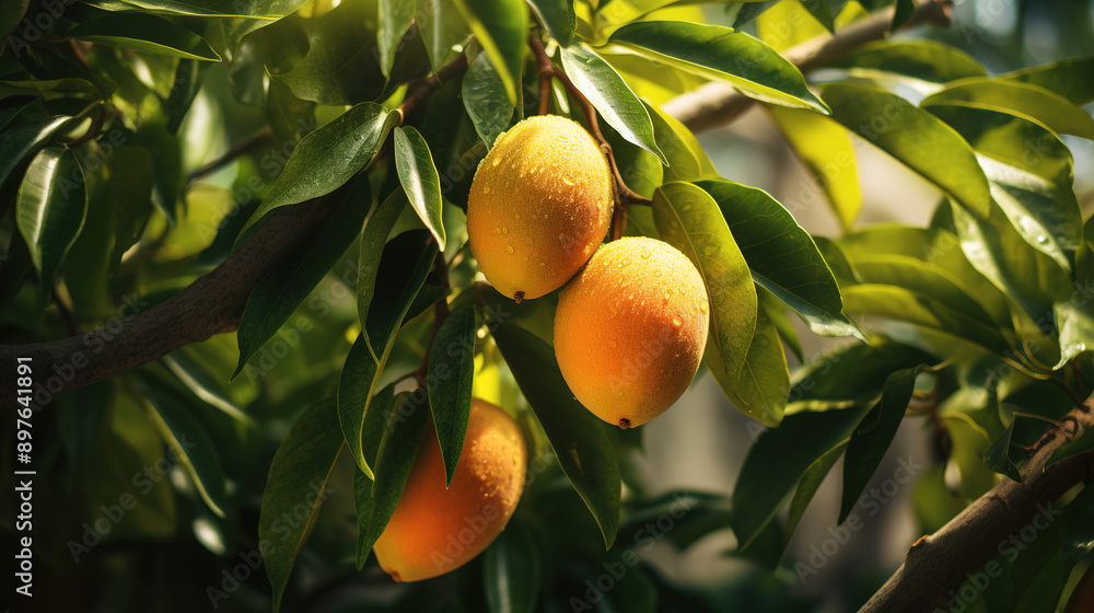 Ripe delicious mango with dew drops of water growing on tree. Tropical fruit. Ripe delicious mango with dew drops of water growing on tree. Tropical fruit.