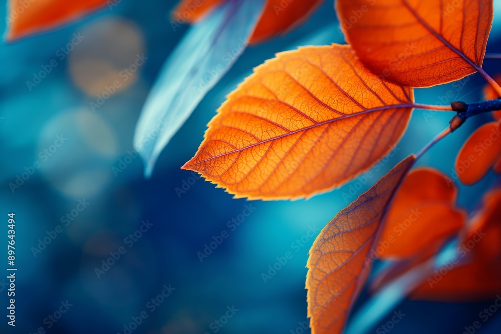 Sharp focus on orange autumn leaves contrasting against a vibrant blue background in nature. Sharp focus on orange autumn leaves contrasting against a vibrant blue background in nature.