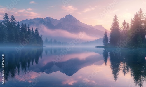 Serene lake at dawn, mist drifting over calm waters, framed by towering pines and distant mountains. Reflections shimmer softly on the surface