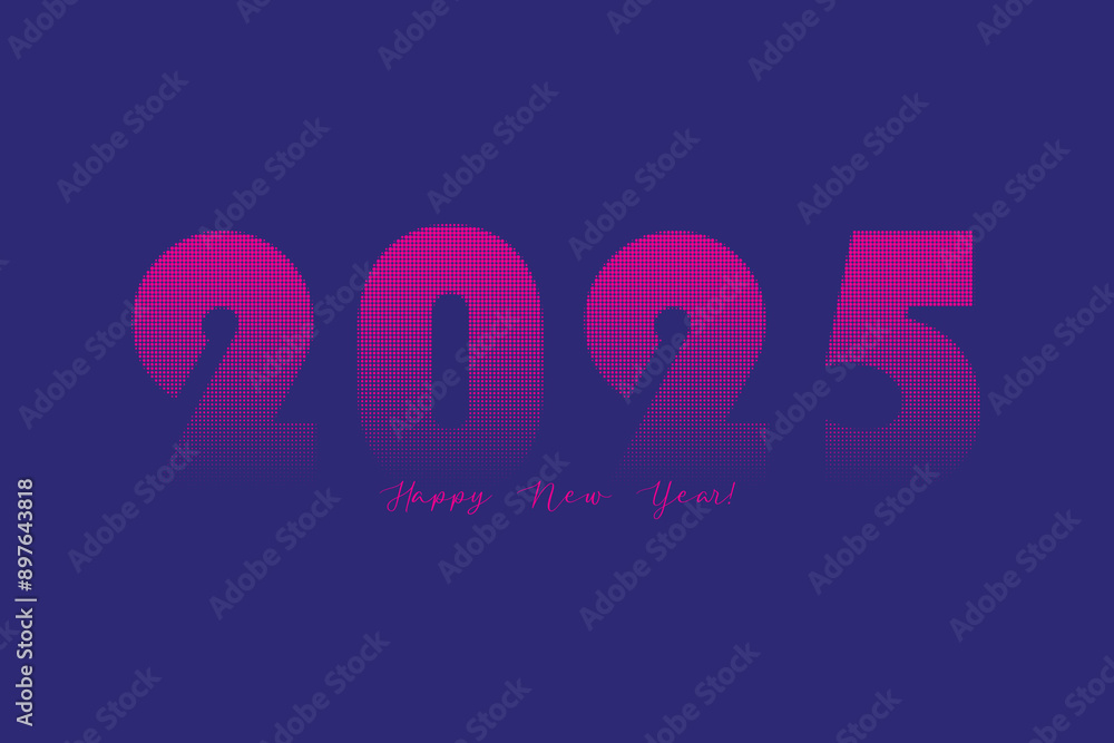 2025 Happy New Year. Numbers with circular halftone dot pattern texture. Vector half tone illustration. Holiday greetings on blue background horizontal poster. 2025 Happy New Year. Numbers with circular halftone dot pattern texture. Vector half tone illustration. Holiday greetings on blue background horizontal poster.