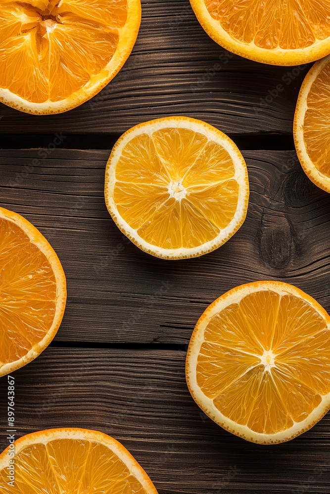 The image features halved oranges arranged on a dark wooden table, showcasing their bright, juicy interiors. The image features halved oranges arranged on a dark wooden table, showcasing their bright, juicy interiors.