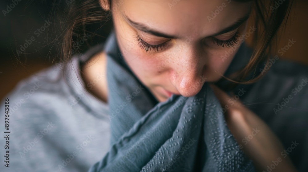 A close-up of a young woman gently holding a gray cloth to her face, with a soft focus on her features and a serene expression, conveying a sense of introspection and comfort A close-up of a young woman gently holding a gray cloth to her face, with a soft focus on her features and a serene expression, conveying a sense of introspection and comfort