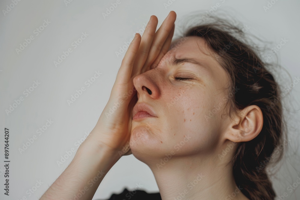 A woman with a pained expression places her hand on her forehead, conveying a sense of distress or frustration against a simple background A woman with a pained expression places her hand on her forehead, conveying a sense of distress or frustration against a simple background