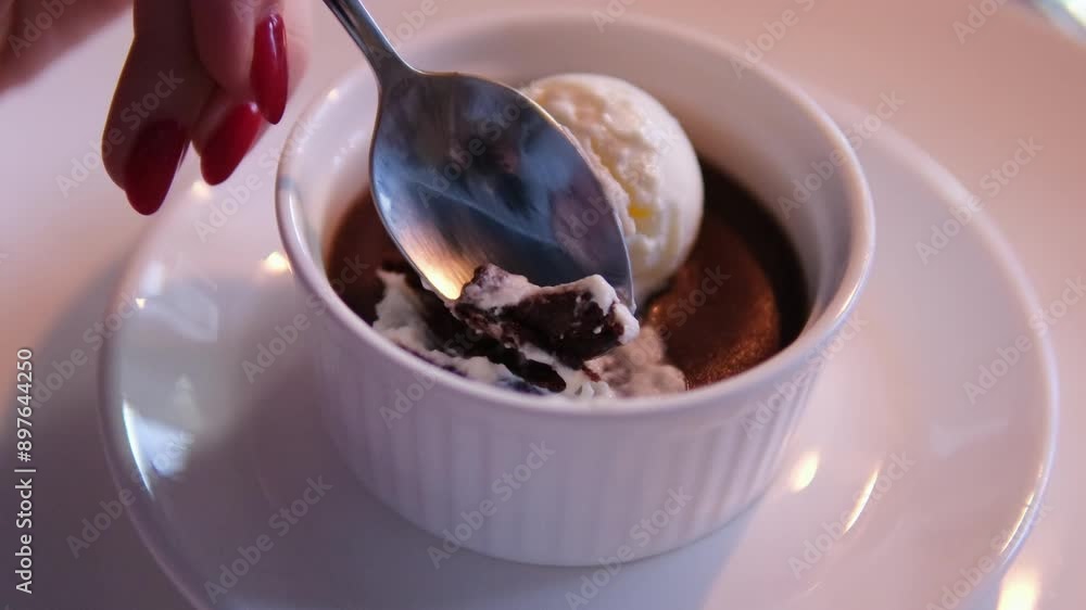 chocolate fondant with ice cream Sticky toffee pudding, a British dessert consisting of a moist sponge cake, made with finely chopped dates, covered in a toffee sauce and often served ice-cream. chocolate fondant with ice cream Sticky toffee pudding, a British dessert consisting of a moist sponge cake, made with finely chopped dates, covered in a toffee sauce and often served ice-cream.