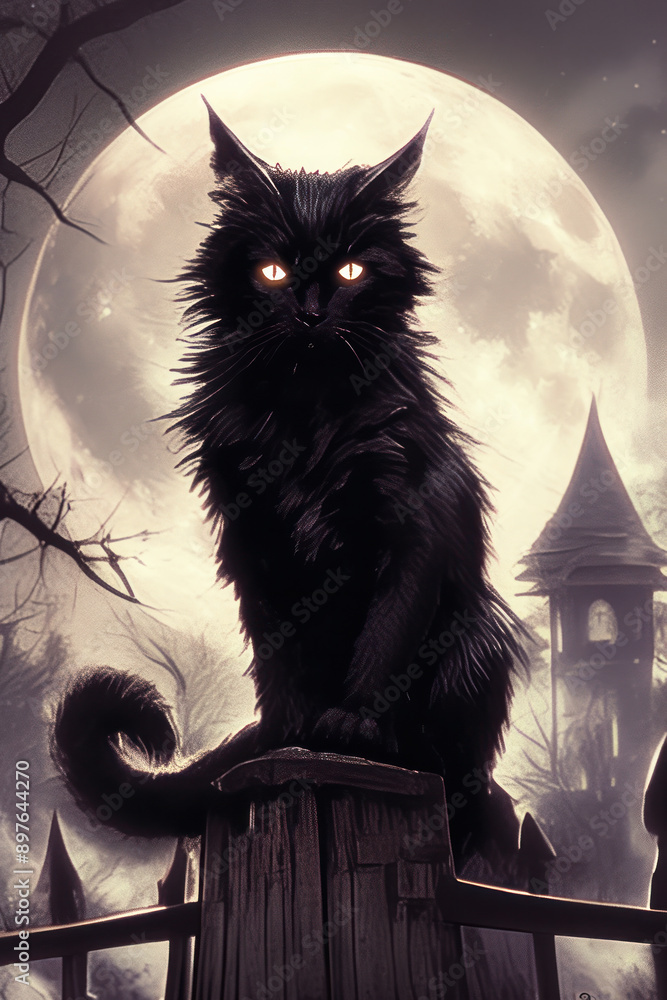 Mysterious Black Cat with Glowing Eyes Under a Full Moon in a Spooky ...