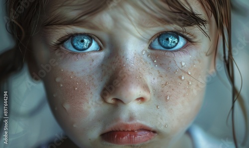 Vulnerability in the tearful eyes of a child seeking comfort, their expression heart-wrenching