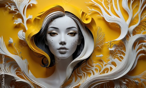 Stunning paper art portrait of a woman, showcasing delicate, intricate floral and botanical elements on a vibrant yellow background, blends artistic creativity with modern design.