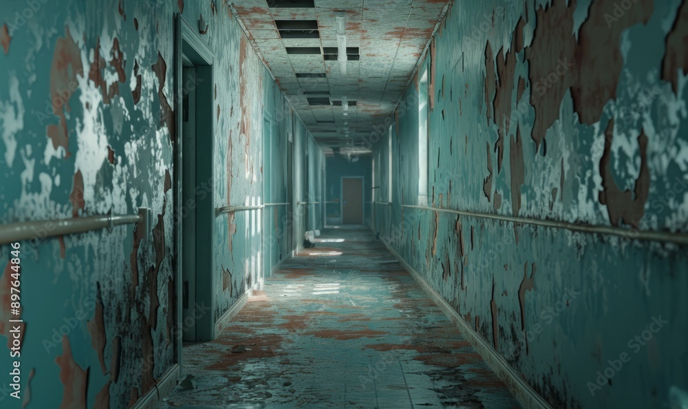 Abandoned hospital corridor with peeling wallpaper and discarded medical equipment, telling silent stories Abandoned hospital corridor with peeling wallpaper and discarded medical equipment, telling silent stories