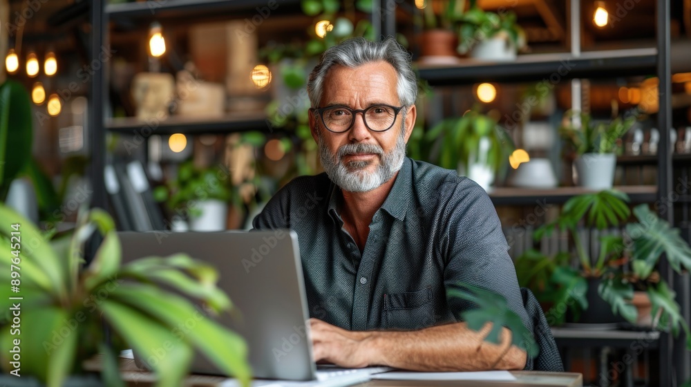 Man works on laptop in cafe with plants and light Man works on laptop in cafe with plants and light