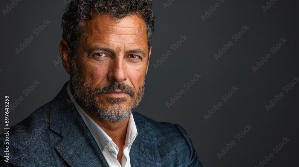 Fototapeta premium A man with curly gray hair and a beard is wearing a blue suit jacket over a white shirt