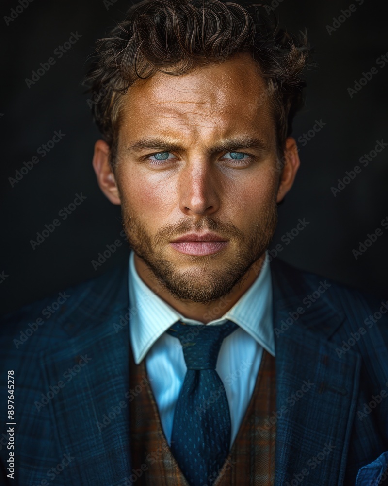 A man with blue eyes and a dark beard wears a navy suit with a patterned vest and tie A man with blue eyes and a dark beard wears a navy suit with a patterned vest and tie