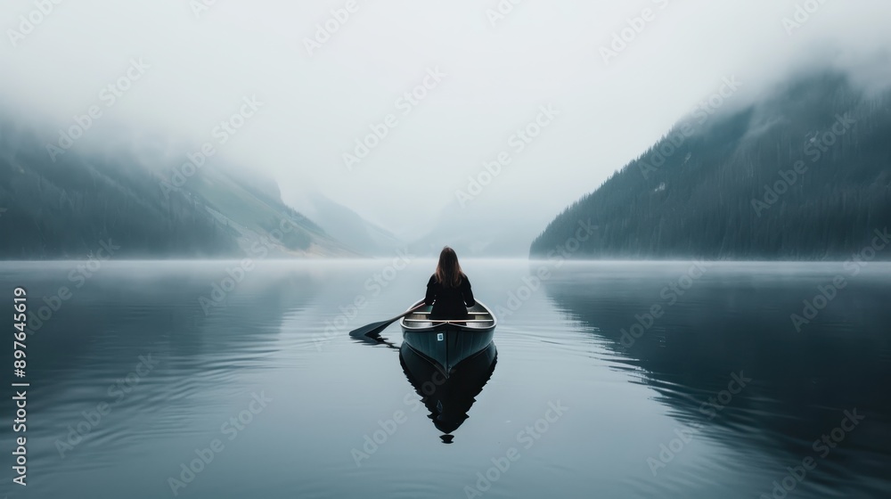Fototapeta premium A solo adventurer paddling a canoe across a misty lake with mountains in the distance, surrounded by stillness and nature, representing exploration and peace.