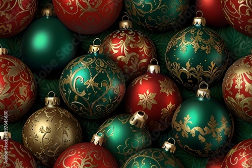 Elegant Christmas Baubles: Sparkling Red and Green Metallic Balls © Anali Matheus