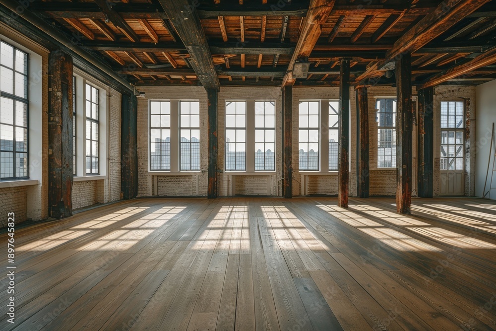 Empty room with wooden floor and large windows. Empty room with wooden floor and large windows.