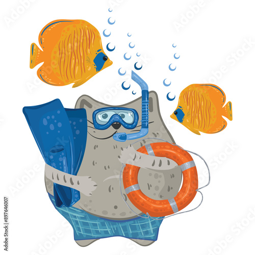 Cat diver in mask and flippers with lifebuoy in paws. Cat underwater near yellow fish and bubbles. Vector illustration of cute animal and fish. For t-shirts, clothes, greeting cards