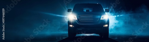 Front View of a Modern Truck Driving at Night With Headlights On