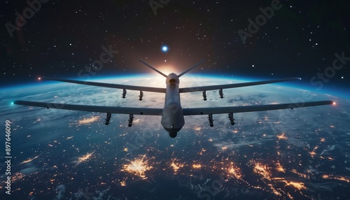 Unmanned Aerial Vehicle Flying Over Earth at Night