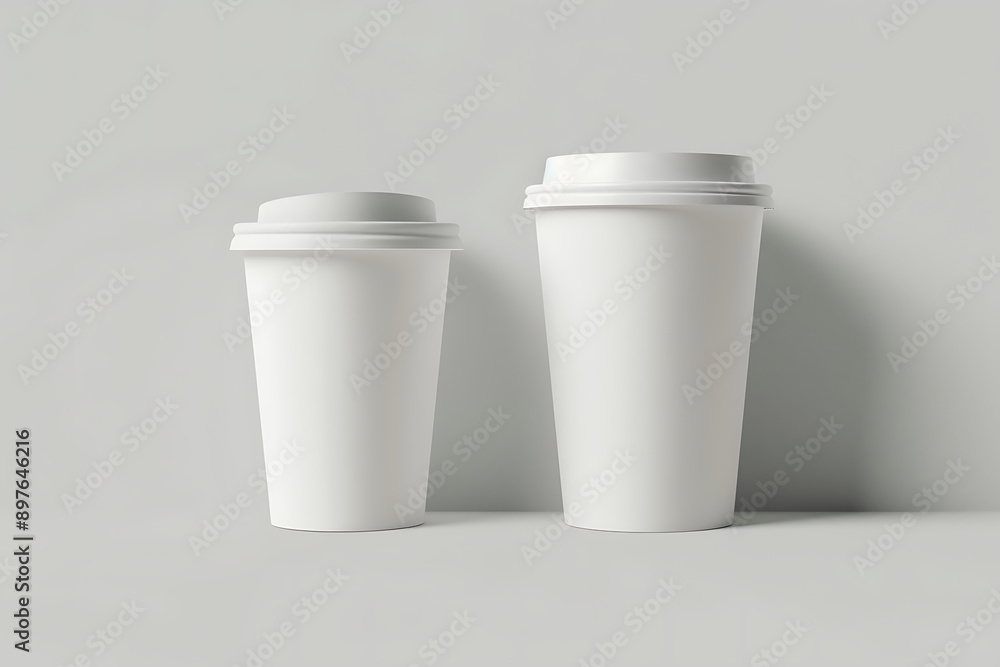 White blank paper coffee cup with lid mockup template on grey background, top view shot White blank paper coffee cup with lid mockup template on grey background, top view shot