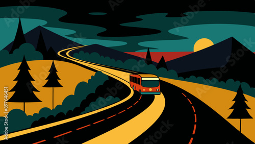 Beautiful road with bus background, vector art illustration