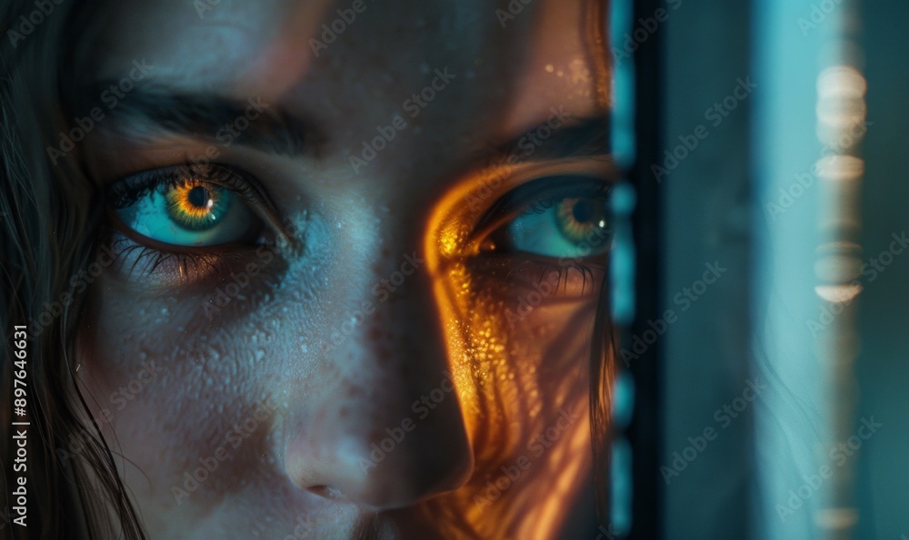 Deep, expressive eyes staring into a mirror, confronting inner demons ...