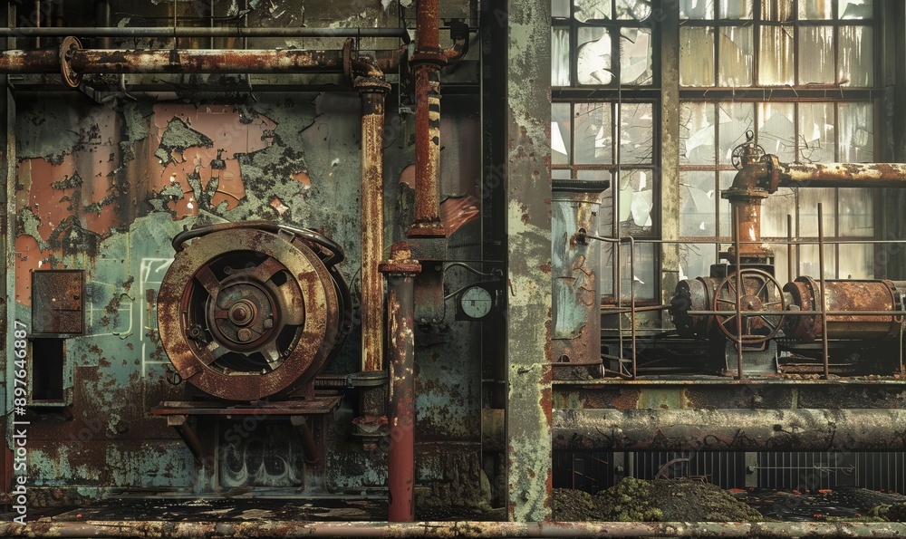 Derelict factory with rusted machinery and broken windows, evoking industrial nostalgia Derelict factory with rusted machinery and broken windows, evoking industrial nostalgia