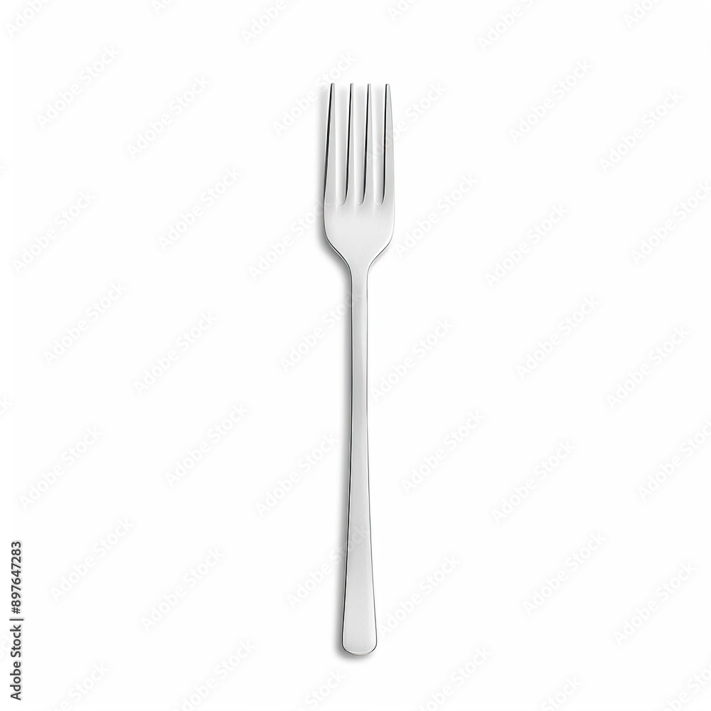 A single, elegant stainless steel fork is positioned vertically against a plain white background. The fork features a simple, modern design with a smooth handle and four evenly spaced tines. The light A single, elegant stainless steel fork is positioned vertically against a plain white background. The fork features a simple, modern design with a smooth handle and four evenly spaced tines. The light