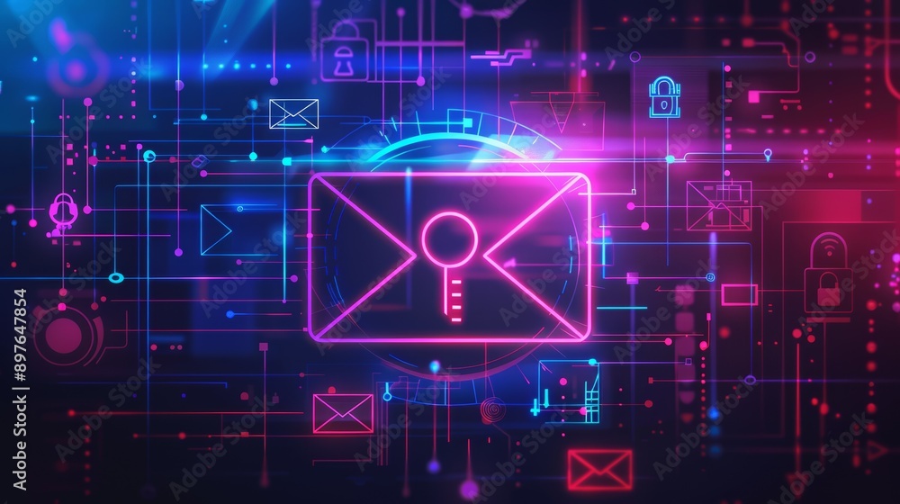 A vibrant digital illustration depicting email security, featuring a locked envelope symbol amidst glowing lines and icons representing connections and cyber protection A vibrant digital illustration depicting email security, featuring a locked envelope symbol amidst glowing lines and icons representing connections and cyber protection