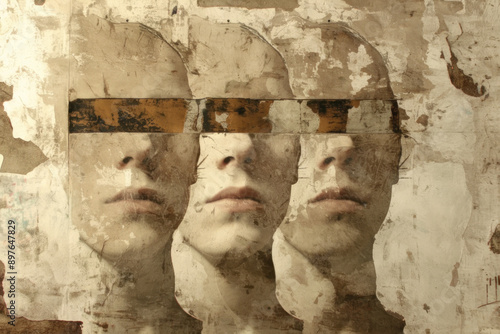 Surreal Triple Faceless Portrait with Distorted Eyes