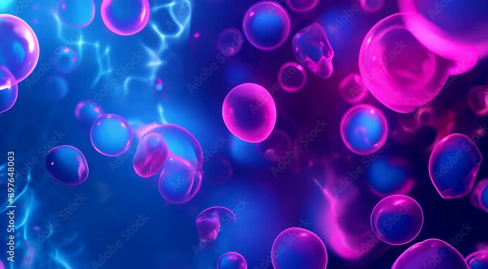 Vivid image of pink and blue neon glowing orbs floating in a dark, electrified space Vivid image of pink and blue neon glowing orbs floating in a dark, electrified space