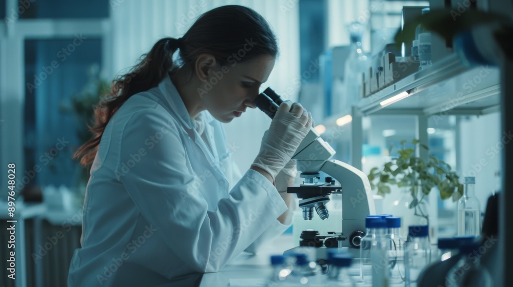 A dedicated female scientist in a lab coat and gloves focuses intently on examining samples through a microscope in a modern laboratory A dedicated female scientist in a lab coat and gloves focuses intently on examining samples through a microscope in a modern laboratory