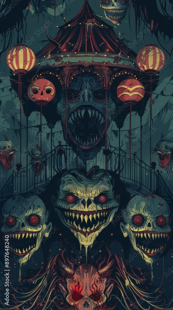 A dark and twisted carnival with malevolent spirits. ,Dark Color light ,vectorline design , illustration , Mobile Wallpaper A dark and twisted carnival with malevolent spirits. ,Dark Color light ,vectorline design , illustration , Mobile Wallpaper