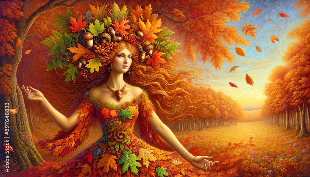 An allegory of autumn, autumn in the form of an attractive woman in luxurious clothes made of autumn leaves