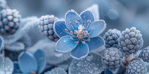 Fototapeta Naklejka Na Ścianę i Meble -  Delicate blue flower covered in frost crystals blooms among frozen berries, capturing winter's icy beauty. Concept of nature's resilience and seasonal transformation.