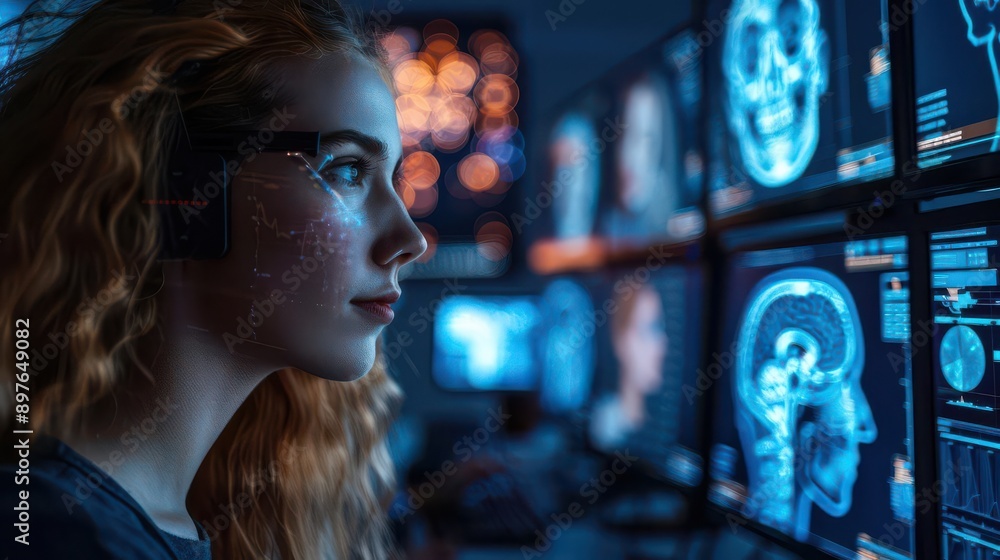 A woman in glasses looks intently at multiple screens displaying brain scans, representing medical research or data analysis. A woman in glasses looks intently at multiple screens displaying brain scans, representing medical research or data analysis.