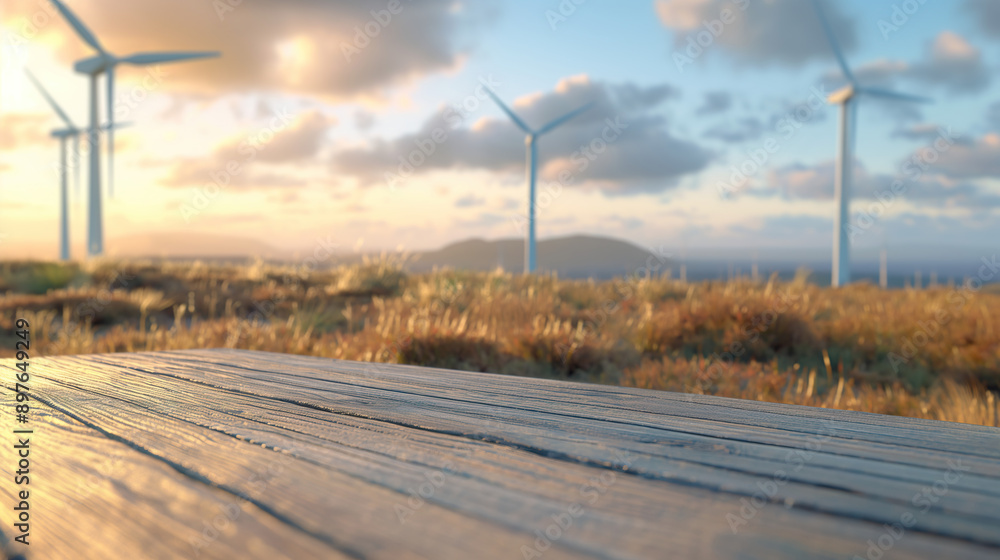 close up of empty wooden table with blurred power wind windmill turbines background close up of empty wooden table with blurred power wind windmill turbines background