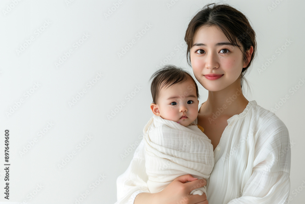 若いアジア人女性が赤ちゃんを抱き抱えている。白い背景。コピーまたはテキスト用のスペースがある背景画像。
