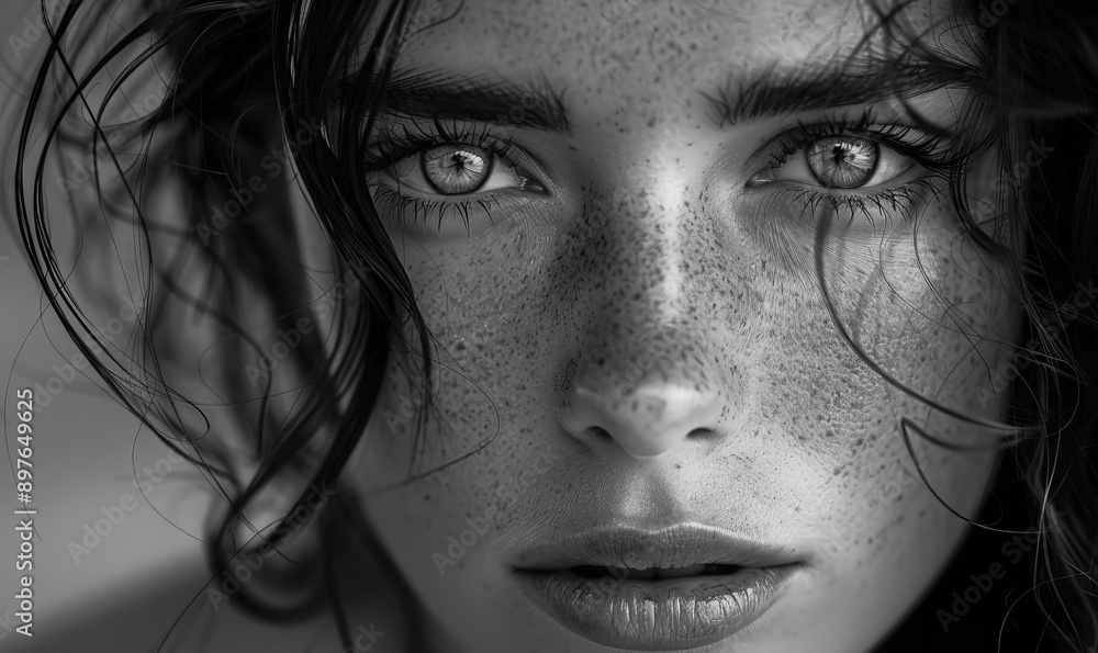 Fototapeta premium Artistic grayscale portrait, intricate shading and stark contrasts. Eyes pierce through the monochrome palette, revealing depth and emotion