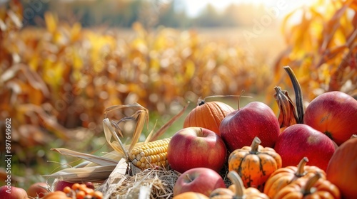 Fototapeta Naklejka Na Ścianę i Meble -  A close-up of a variety of fall harvest fruits and vegetables, including apples, pumpkins, gourds, and corn. Generative AI