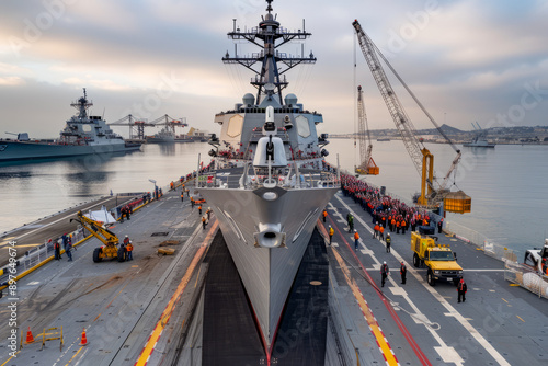 Navy Warship Docked at Shipyard with Crew and Cranes