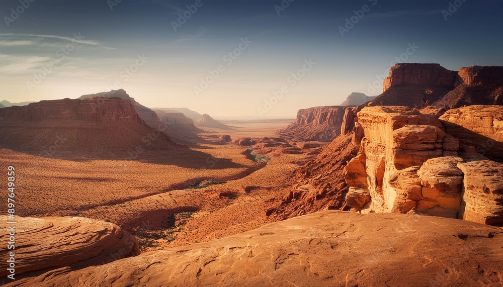 Naklejka premium Surreal Desert Landscape: Eroded Rock Formations and Vast Canyons in Majestic Scenery. Generative AI