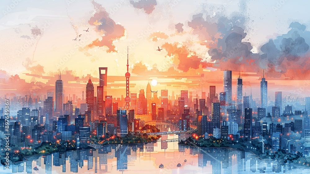 Obraz premium Sleek integrated background featuring a connected smart city with advanced infrastructure, autonomous vehicles, and sustainable energy solutions, highlighting the future of urban living Watercolor