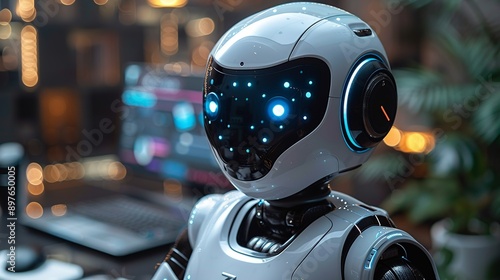 Streamlined AI-powered background featuring a futuristic robotic assistant performing various tasks, highlighting the role of artificial intelligence in enhancing productivity and daily life