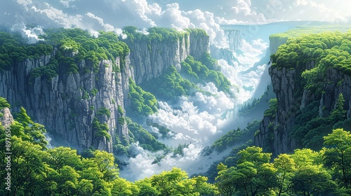 Panoramic view of a forested canyon with shadowed cliffs, lush greenery, and a misty, sunlit sky, creating a breathtaking and tranquil nature background image. Watercolor style, high resolution